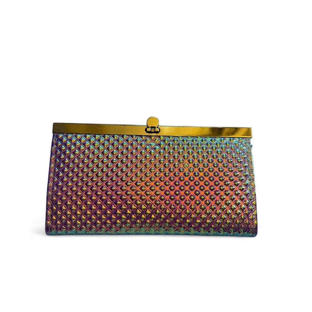 Y2K Iridescent Mermaidcore Quilted Kisslock Clutch Wallet Vintage Gold Hardware